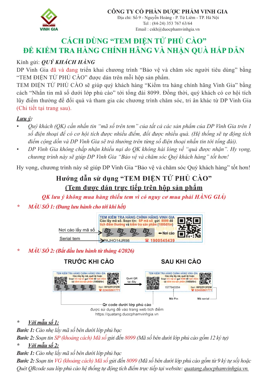 Tem điện tử phủ cào Dược phẩm Vinh Gia